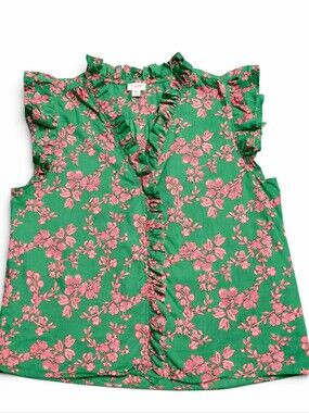 J.Crew Feminine Casual Floral Ruffle Blouse Top Green Pink Size M